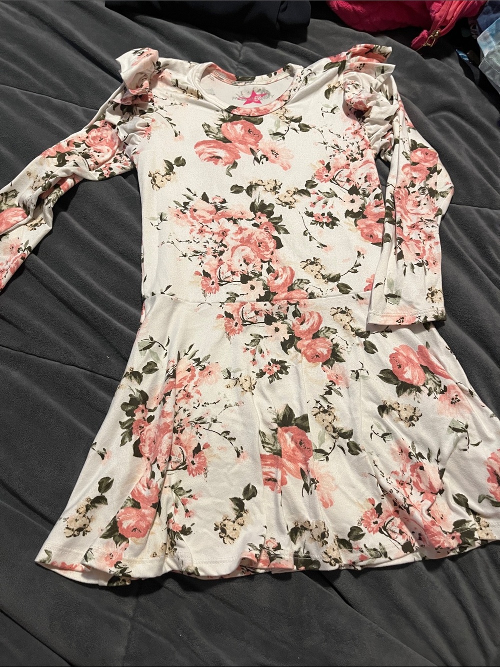 Girls' Cream Floral Long-Sleeve Ruffle Dress - Pink Rose Print